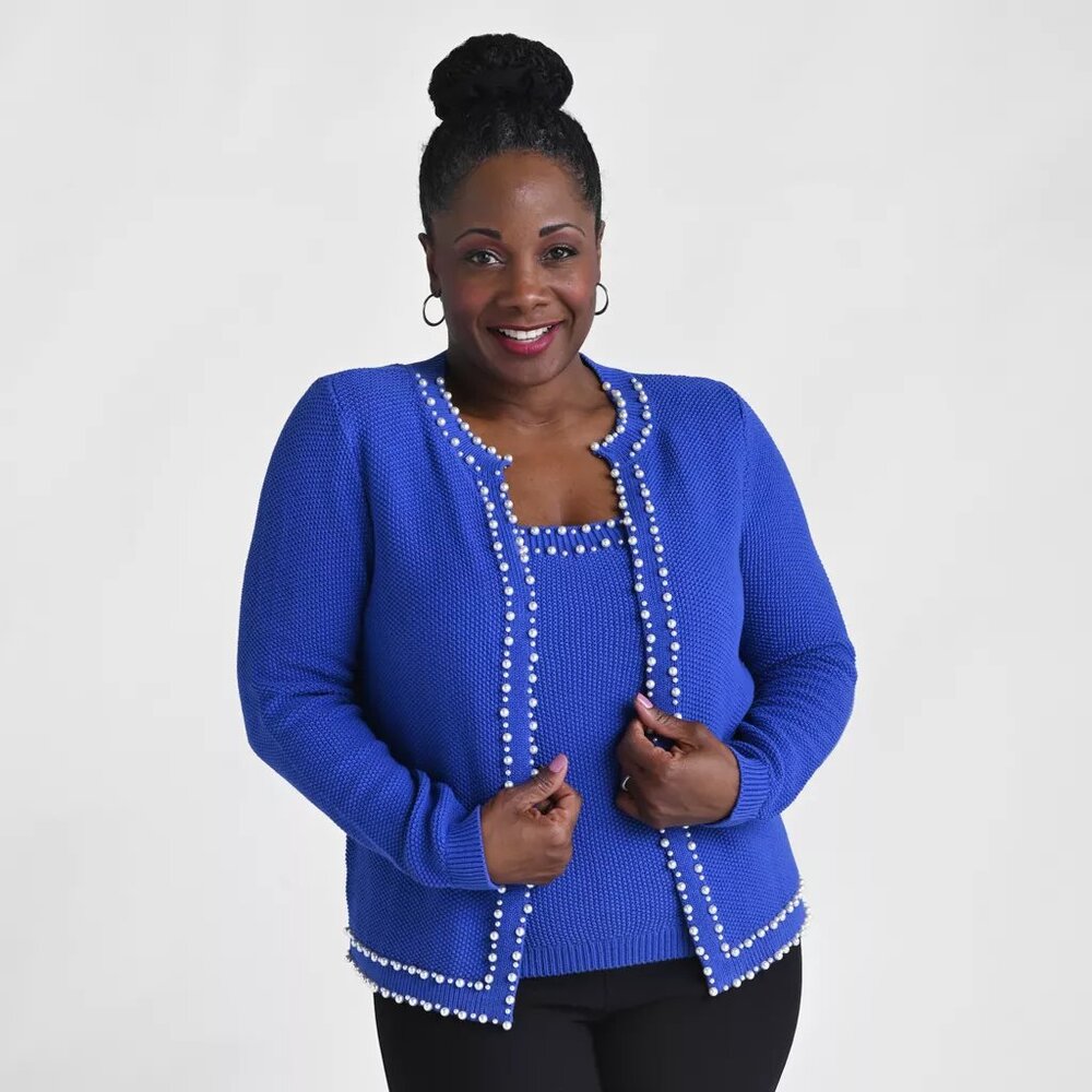 NEW IN PACKAGE! KATE & MALLORY PEARL SEED STITCH SWEATER SET SZ M DAZZLING BLUE